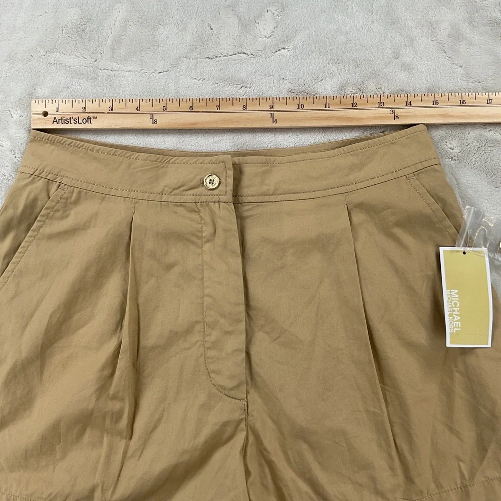 Michael Kors Womens Pleated Cotton Shorts Khaki Tan High Rise Size 4 NEW